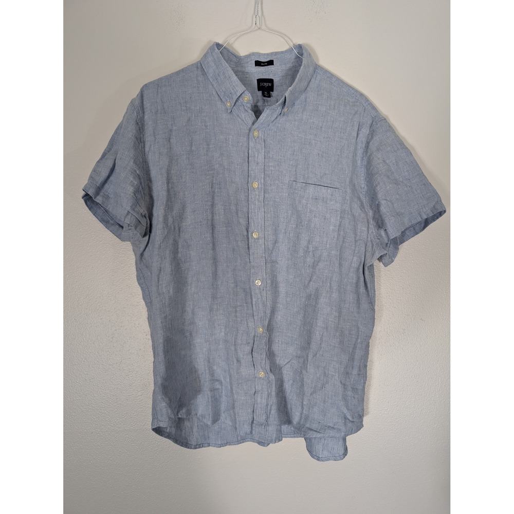 J.Crew Slim Fit Short Sleeve Linen Cotton Men's XL Button Down Shirt Blue